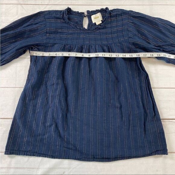 Anthropologie Maeve Navy Striped Long Sleeve Keyhole Back Pleated Blouse Size M - Picture 6 of 9